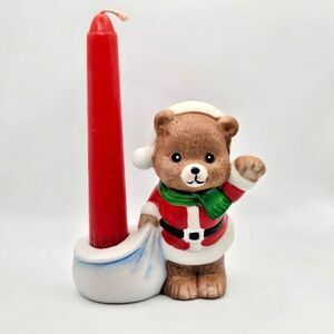 Holiday Friends Christmas Bear Candle Holder Hand Painted Bisque Porcelain JSNY
